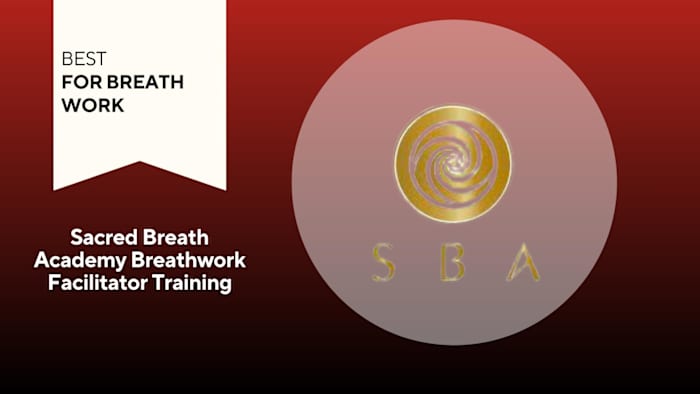 Sacred Breath Academy Breathwork Facilitator Training gold logo on a red background